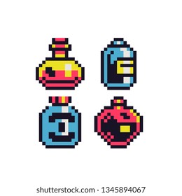 Glass bottles with liquid and alcoholic beverages jare pixel art icon set isolated vector illustration. 8-bit sprite. Design for stickers, logo shop, mobile app.