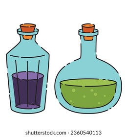 Glass bottles with liquids for chemistry, science, alchemy, potions vector flat illustration