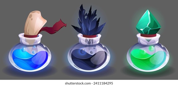 Glass bottles with magic colorful potion or medicine with emerald, canine tooth and crow feathers as cork. Cartoon vector game ui assets set of fantasy liquid wizard elixir in chemistry vials.