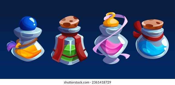 Glass bottles with magic elixir or potion - game cartoon vector set. Flask with fantasy medicine or wizard liquid, corks and labels. Witchcraft or apothecary chemistry vials with poison or antidote.