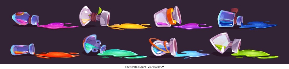 Glass bottles with magic elixir spills set isolated on background. Vector cartoon illustration of dropped open lab flasks lying, color substance pouring on floor, liquid puddle, poison antidote