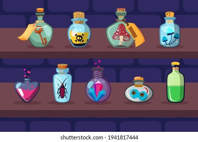 Glass bottles with magic ingredients on shelves. Poison, mushroom, potion flat vector illustration. Witchcraft and alchemy concept for banner, website design or landing web page