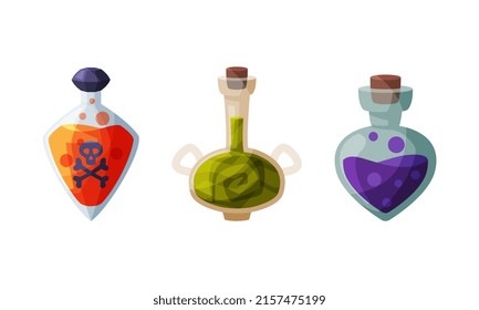 Glass bottles of magic liquid potions for transformations, witchcraft attributes cartoon vector illustration
