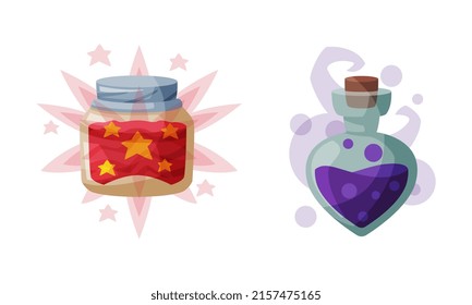 Glass bottles of magic potions, witchcraft attributes cartoon vector illustration