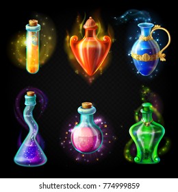 Glass bottles with a magical potion, sealed jars of different shape with sparkling multi-colored elixir, isolated on a black background. Vector game icons, elements for game design