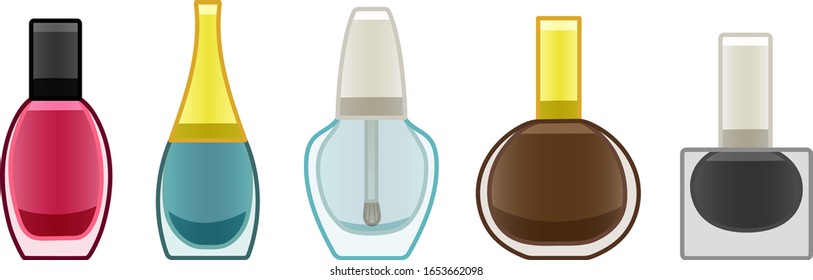 Glass bottles of nail polish set. Blue, brown, black, pink and transparent. White background, vector.