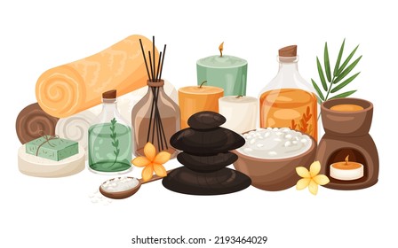 Glass bottles with natural cosmetic oil, hot stones, aroma sticks, aroma lamp, cosmetic sea salt. Spa and wellness salon. Cosmetics, accessories for relaxation, bodycare. Flat vector illustration