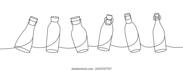 Glass bottles one line continuous drawing. Empty glass bottles continuous one line illustration. Vector linear illustration.