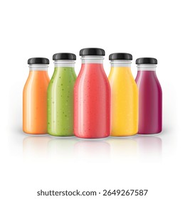 Glass bottles of organic juices or smoothies arranged in a neat row with reflection beneath them. High quality vector illustration of summer vitamin drinks. Healthy eating, detox, natural goodness.