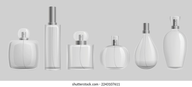 Botellas de vidrio con perfumes en broma. Modelos realistas de embalaje transparente para el gel perfume higiene limpia para salones de belleza efecto vectorial de limpieza hidratante.