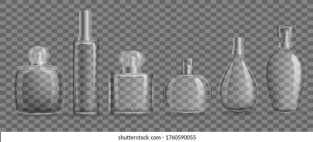 Glass bottles with perfumes mockup set. Stylish realistic templates transparent packaging for gel perfume clean hygiene for beauty salons moisturizing cleansing vector effect.