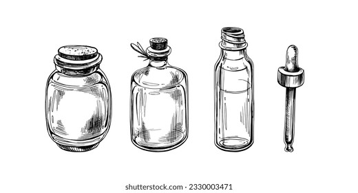 Botellas de vidrio con pipeta para cosméticos, aceites, suero. La ilustración es gráfica a mano. Vector Eps, objetos aislados sobre fondo blanco