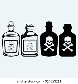 Glass bottles of poison. Isolated on blue background