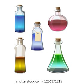 glass bottles of potion with different color