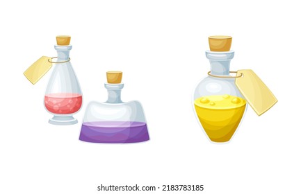 Glass bottles with potion. Magical elixirs. Witchcraft objects set cartoon vector illustration