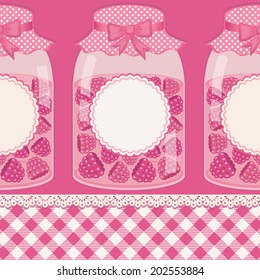 Glass bottles with raspberry jam. Greeting card. Colorful vector illustration.