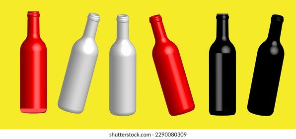 Botellas de vidrio realistas 3d aisladas en ilustración vectorial de fondo amarillo