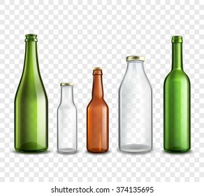 Glass bottles realistic 3d set isolated on transparent background vector illustration