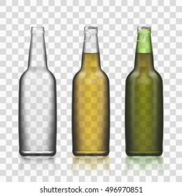 Glass Bottles Realistic 3d Set Isolated On Transparent Background. EPS10 Vector