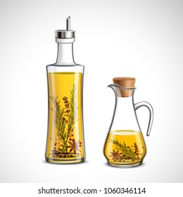 Glass bottles realistic set with oil and herbs isolated vector illustration