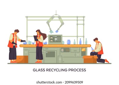 Glass or bottles recycling process, vector banner
