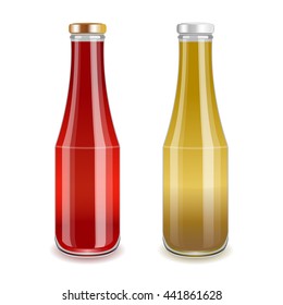 Glass bottles with red and yellow liquid. Tomato sauce or juice, mustard or banana drink. Realistic vector illustration. 