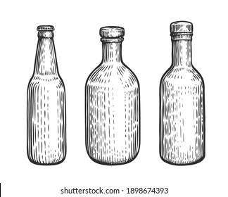 Glass bottles set. Alcoholic beverages sketch vintage vector illustration