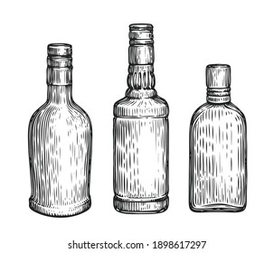 Glass bottles set. Alcoholic drinks sketch vintage vector illustration