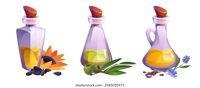 Glass bottles set with different oil types - sunflower with seeds, olive with green fruits, flaxseed with blue flowers. Natural organic liquid collection in transparent vessels with wooden corks.