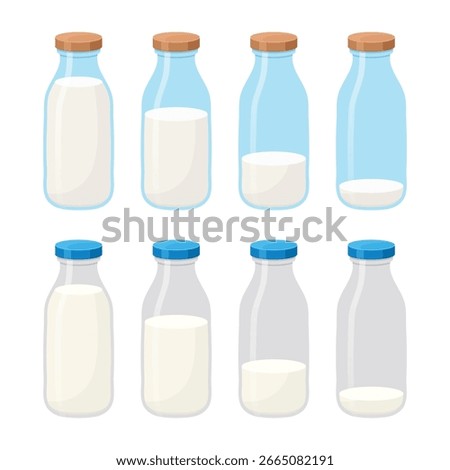 Glass bottles show decreasing levels of white liquid, displaying consumption, usage, and a visual sequence.