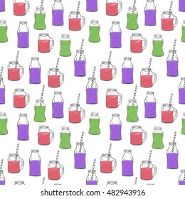 Glass bottles sketches seamless pattern for smoothie and milk, Yogurt and fresh juse, for detox cocktails pattern. Whith straw. Vector sketch illustration