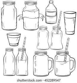 Glass bottles sketches set for smoothie and milk, Yogurt and fresh juse, for detox cocktails. Whith straw. Vector sketch illustration