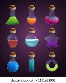 Glass bottles with various liquids. Pictures in cartoon style. Bottle elixir of set, potion magic flask illustration