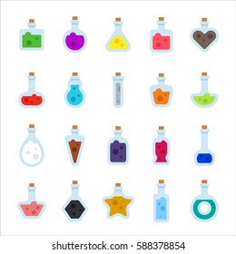 Glass bottles with various magic potions vector illustration flat design