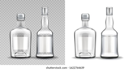 Glass bottles various shapes set. Vodka, rum, whiskey alcohol drinks empty flasks design template, photorealistic mockup isolated on transparent and white background. Realistic 3d vector illustration,