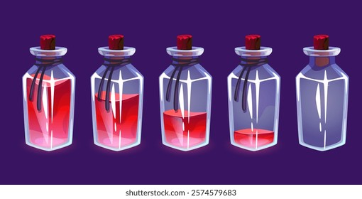 Glass bottles with varying amounts magic elixir. Red liquid, full and empty jar. Game ui isolated interface objects. Love and life wizard potion. Alchemy vial. Witch spell drink. Vector set