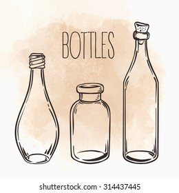 Glass Bottles. Vector illustration isolated on vintage beige background.Ink on aged card paper. Vector illustration. Kitchen objects doodle style sketch, Magical elements. 