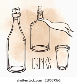Glass Bottles. Vector illustration isolated on vintage beige background.Ink on aged card paper. Vector illustration. Kitchen objects doodle style sketch, Magical elements. 
