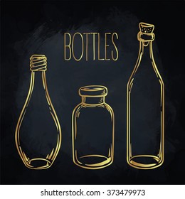 Glass Bottles. Vector illustration isolated on vintage beige background.Ink on aged card paper. Vector illustration. Kitchen objects doodle style sketch, Magical elements in gold over black
