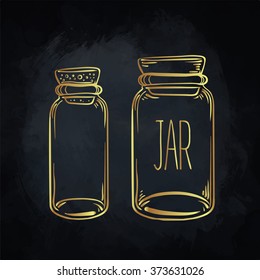 Glass Bottles. Vector illustration isolated on vintage beige background.Ink on aged card paper. Vector illustration. Kitchen objects doodle style sketch, Magical elements in gold over black.
