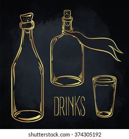 Glass Bottles. Vector illustration isolated on vintage beige background.Ink on aged card paper. Vector illustration. Kitchen objects doodle style sketch, Magical elements in gold over black.