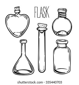 Glass Bottles. Vector illustration.Ink on aged card paper. Kitchen objects doodle style sketch, Black and white drawing isolated on white. Design for coloring book page for adults and kids.