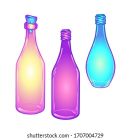 Glass Bottles. Vector illustration set. Kitchen objects doodle style sketch, Color drawing isolated on white. 