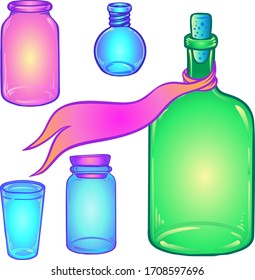 Glass Bottles. Vector illustration set. Kitchen objects doodle style sketch, Color drawing isolated on white. 