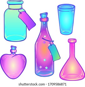 Glass Bottles. Vector illustration set. Kitchen objects doodle style sketch, Color drawing isolated on white. 