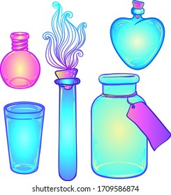 Glass Bottles. Vector illustration set. Kitchen objects doodle style sketch, Color drawing isolated on white. 