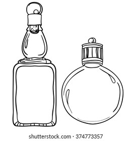 Glass Bottles. Vector. Kitchen objects,style sketch,bottle in a plant, Black and white drawing isolated on white. Design for coloring book page for adults and kids.