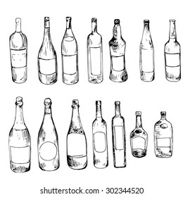 glass bottles, vector set of alcoholic drinks, ink drawing illustration, isolated elements