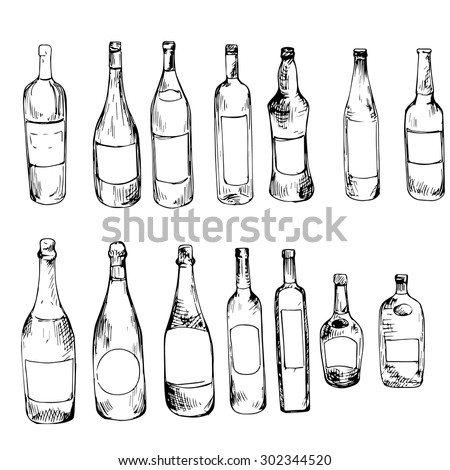 glass bottles, vector set of alcoholic drinks, ink drawing illustration, isolated elements