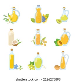 Glass bottles of vegetable oils cartoon illustration set. Olive, avocado, flax seed, sesame, coconut, grape, sunflower and extra virgin olive oil in jars. Cooking concept